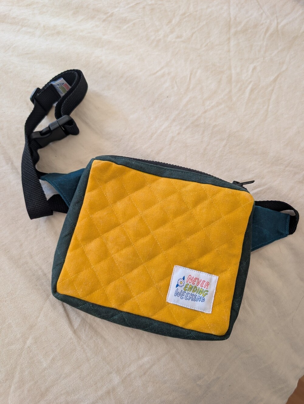 Mustard Yellow Quilted Waist Bag with Dark Green Trim